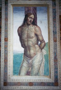 Die Geißelung Jesu, Fresko von Luca Signorelli, Monte Oliveto Maggiore Abtei, Toskana, Italien