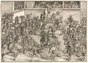 Das zweite Turnier mit dem Wandteppich von Samson und dem Löwen von Lucas Cranach