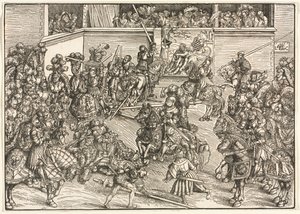 Das zweite Turnier mit dem Wandteppich von Samson und dem Löwen von Lucas Cranach