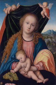 Madonna mit Kind und Trauben, Zwei Engel halten einen Vorhang von Lucas Cranach the Elder