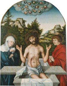 Pfirtscher Altar: Christus als Schmerzensmann, sitzend auf einem Sarkophag zwischen der Jungfrau und St. Johannes [Mittelteil] von Lucas Cranach the Elder