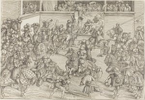 Das zweite Turnier mit einem Wandteppich, der Samson und den Löwen zeigt von Lucas Cranach the Elder