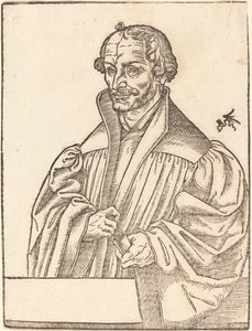 Philip Melanchton, Halbfigur nach links, hinter einer Brustwehr stehend