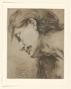 Männerkopf mit langem Haar, nach links unten schauend von Lucas Franchoys (attributed to)