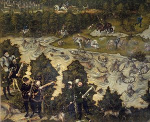 Jagd zu Ehren von Karl V. auf Schloss Torgau in Deutschland. Der Kaiser ist wahrscheinlich links dargestellt. Detail