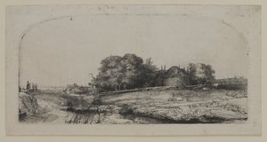 Landschaft mit Heuschober und Schafherde