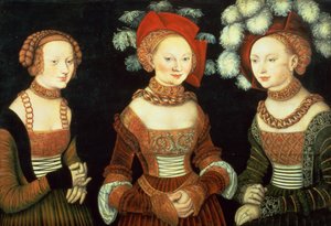 Drei Prinzessinnen von Sachsen, Sibylla (1515-92), Emilia (1516-91) und Sidonia (1518-75), Töchter von Herzog Heinrich von Frommen, c.1535 (Tafel) von Lucas the Elder Cranach