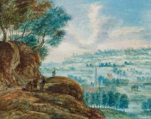 Figuren auf einer Straße über einer weiten Landschaft