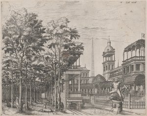 Landschaft mit Bäumen, zwei Hirschen und einem Palasthof von Lucas van Doetechum and Johannes