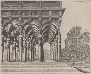 Loggia mit Satyr-Termini und einem Garten