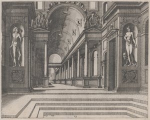 Ansicht in einer Kirche mit korinthischen Säulen und Statuen von Apollo, Melpomene und Moses
