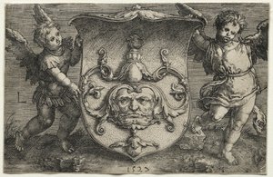 Ein Schild mit einer Maske, unterstützt von zwei Genien, 1527