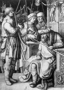 David spielt Harfe vor König Saul, um 1508, von Lucas van Leyden (ca. 1494-1533), Gravur
