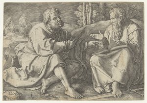 Paulus und Petrus sitzend in einer Landschaft