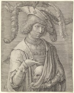 Porträt eines jungen Mannes mit einem Schädel von Lucas van Leyden