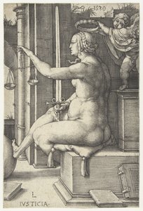 Gerechtigkeit. Iusticia (Titel auf Objekt). Sieben Tugenden (Serientitel) von Lucas van Leyden