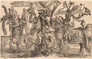 Die neun Helden: Arthur, Karl der Große (Charlemagne), Gottfried von Bouillon von Lucas van Leyden