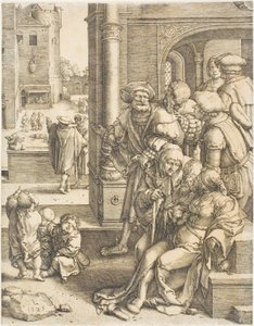 Der Dichter Virgil in einem Korb aufgehängt