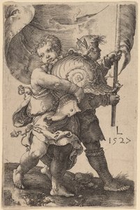 Zwei Jungen mit Helm und Standarte