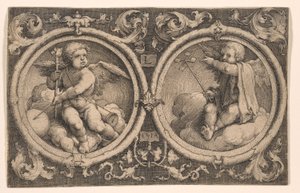 Zwei Cupidos auf Wolken sitzend von Lucas van Leyden