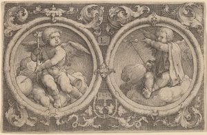 Zwei Amoretten auf Wolken in zwei Kreisen sitzend von Lucas van Leyden