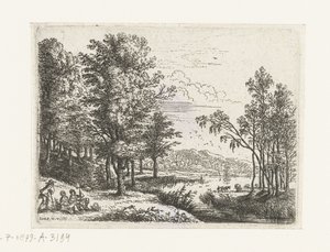 Landschaft mit drei Figuren an einem See