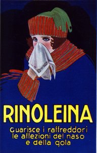 Werbung für das Medikament Rinoleina gegen Erkältungen, Halsschmerzen und Husten. Illustration von Lucien Achille Mauzan (1883 - 1952).