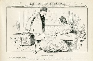 Illustration in Le Rire, 24/08/12 - Rückkehr aus Russland - Antiklerikalismus, Russland, Präsident der Republik, Hüte, offizieller Besuch - Marianne, Poincare Raymond (Gravur) von Lucien Metivet