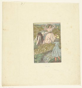 Ein Mädchen und zwei Frauen an einem Bach von Lucien Pissarro
