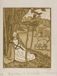 Mädchen unter Baum mit Hirsch, Holzstich von Lucien Pissarro von Lucien Pissarro
