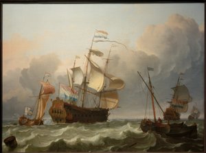 Ein niederländisches Flaggschiff mit einer Jacht vor ihrem Heck von Ludolf Backhuysen
