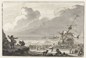 Ladung eines Schiffes wird an Land gebracht von Ludolf Bakhuysen