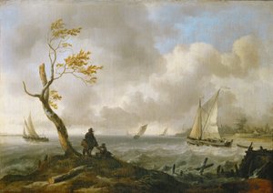 Fischerboote und Küstenschiff bei schwerem Wetter
