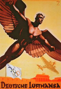 Plakat, das Flüge nach Berlin mit der Deutschen Lufthansa bewirbt
