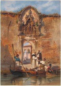 Mönche kaufen Fisch vor dem Portal der Madonna della Misericordia von Ludwig Johann Passini