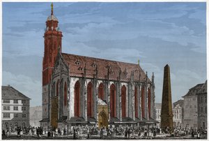 Kapelle St. Maria in Würzburg, vor dem Marktplatz und dem Obelisken, Deutschland. ca. 1850 (Gravur)