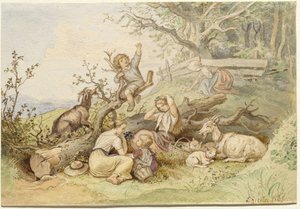 Kinder und Ziegen ruhen an einem gefällten Baum von Ludwig Richter