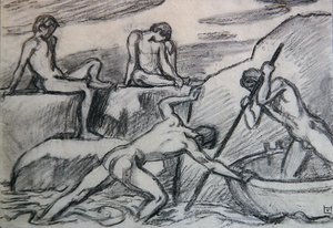 Nackter Bootsführer und Jugendliche an einem grünen Ufer von Ludwig von Hofmann