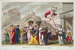 Merkur verliebt sich in Herse, Illustration aus Ovids Metamorphosen, Florenz, 1832 (handkolorierter Stich)