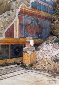 Haus der Silberhochzeit, beschädigtes Fresko von Girlanden, wie bei der Ausgrabung in Pompeji 1897 gesehen von Luigi Bazzani