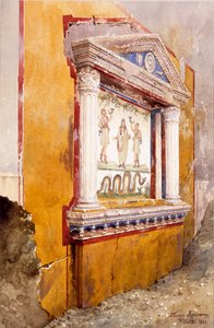 Lararium des Familienaltars, nach der Ausgrabung in situ gesehen, Haus von Aulus Vettius, Pompeji, ca. 36-39 n. Chr., 1895 von Luigi Bazzani