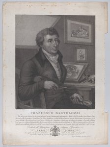 Porträt von Francesco Bartolozzi, sitzend, mit einer Lupe und einem Druckwerkzeug, 1827 von Luigi Rados