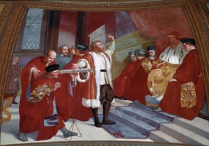 Galileo Galilei (1564-1642) in Anwesenheit des Dogen. Der Wissenschaftler präsentiert das Teleskop im Senat von Venedig im Glockenturm des Markusplatzes. Gemälde von Luigi Sabatelli (1772-1850). Fresko. Florenz, Tribuna Galileiana