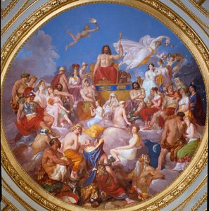 Der Rat der Götter (oder Versammlung der Götter): Zeus auf dem Olymp umgeben von Göttern. Sie sind von oben nach unten und links dargestellt: Ganymed, Athene, Poseidon, Hermes, Hephaistos, Aphrodite, Eros, die 3 Chariten, Dionysos und Ares