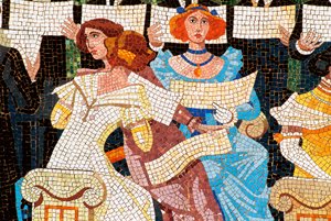 Architektur Jugendstil: Palast der katalanischen Musik, Barcelona. Mosaik, das die Fassade schmückt: Frau singt im katalanischen Chor (Orfeo Catala), Detail links. von Luis Domenech i Montaner (1850-1923) und Lluis Bru I Salelles (1868-1952), 1905-19 von Luis & Bru i Salelles Luis (1868 1952) Domenech i Montaner