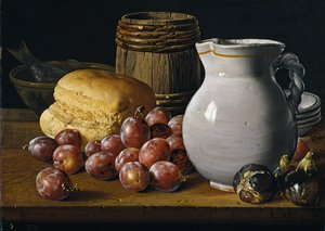 Stillleben mit Pflaumen, Feigen, Brot und Krug