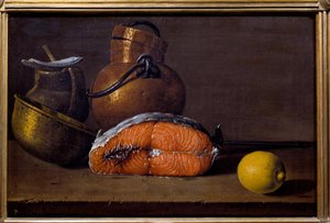 Scheibe Lachs, eine Zitrone und Utensilien von Luis Egidio Menendez or Melendez