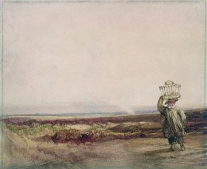 Ein Junge trägt einen Korb auf dem Kopf, in einer Moorlandschaft von Luke Clennell