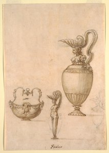 Entwürfe für zwei Kannen und eine Schwenkgriffschale von Luzio Romano