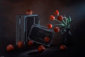 Dunkles Blumen- und Früchtestillleben von Lydia Jacobs